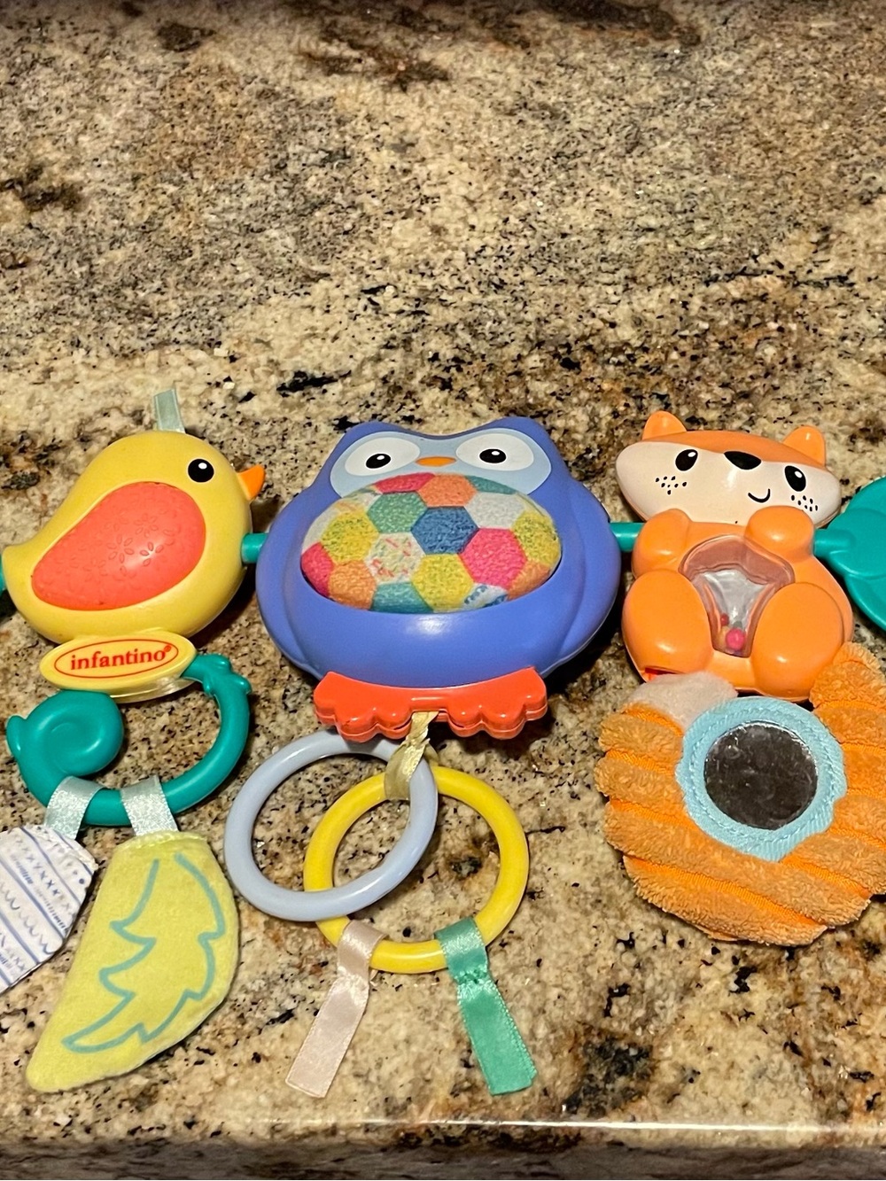 Infantino Blue Owl & Orange Fox Sensory Toy Set - Yellow, Teal, Pink Accents